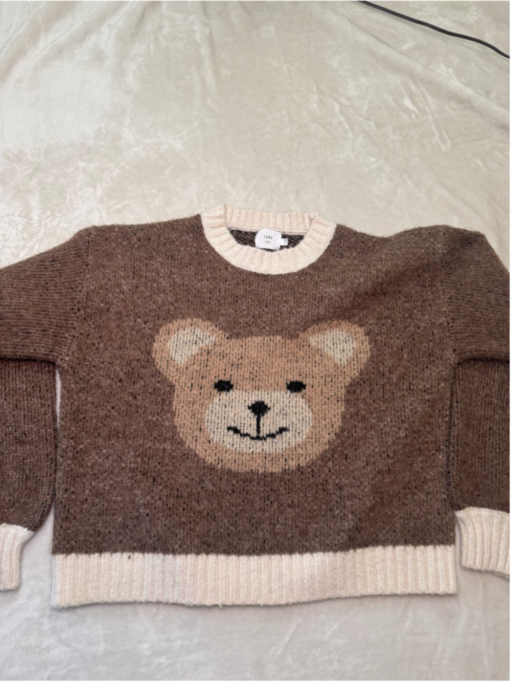 Women's Luna Ivy Brown Beige Teddy Bear Crew Neck Sweater Size M